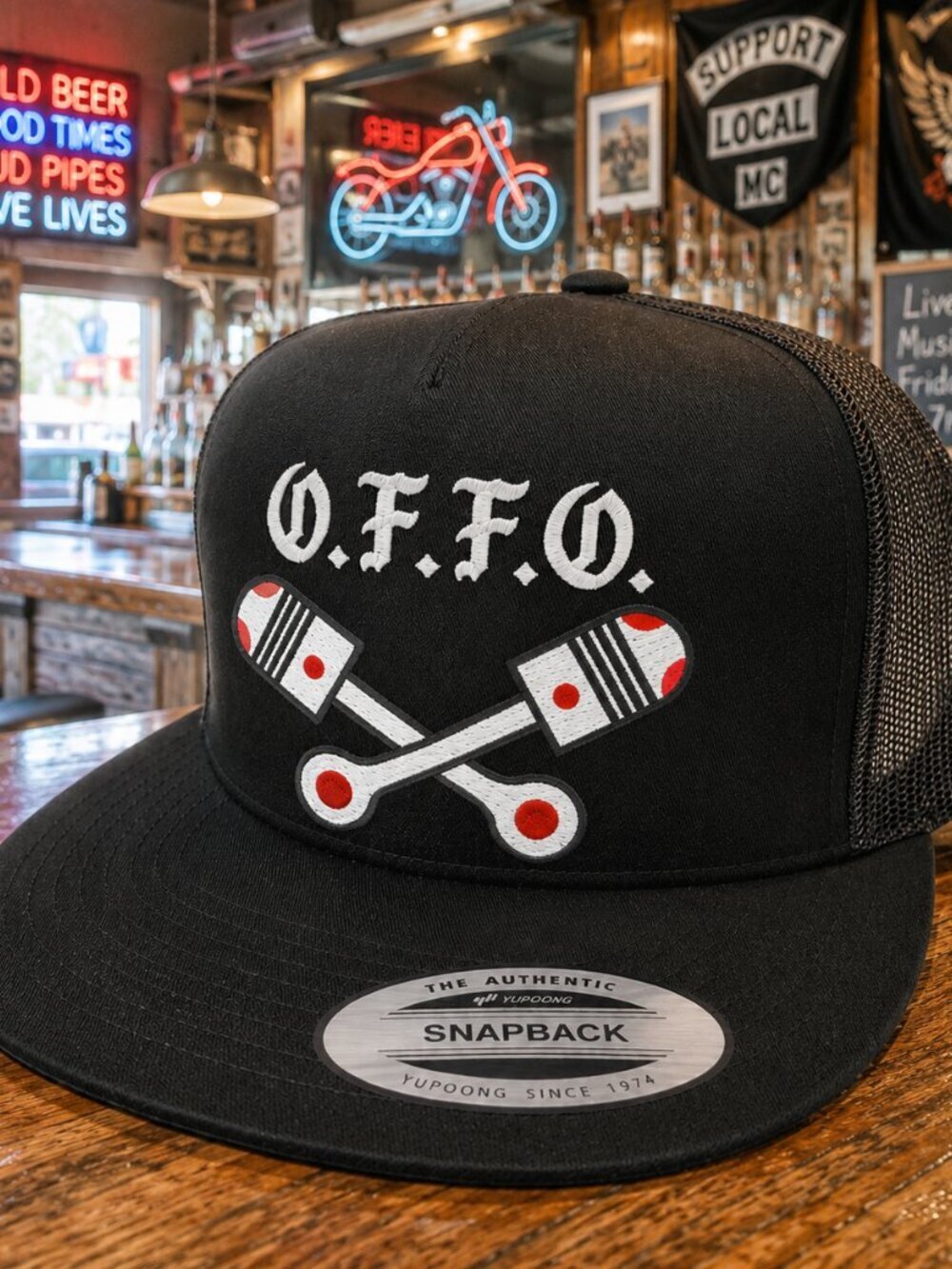 Outlaws MC O.F.F.O. Pistons Direct Embroidery Black Yupoong Flat Bill Snapback